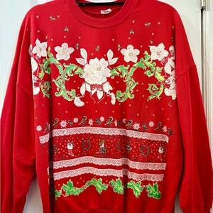#90’s Vintage Women’s Christmas Sweater, Floral And Candy cane Design